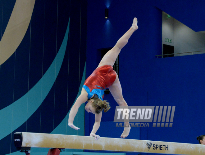 Bakıda Dünya Kubokunun iştirakçısı olan gimnastların podium məşqləri. Azərbaycan, 18 fevral, 2016